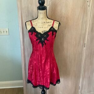 Vintage Victoria’s Secret Red Black beaded chemise mini slip dress nightie M